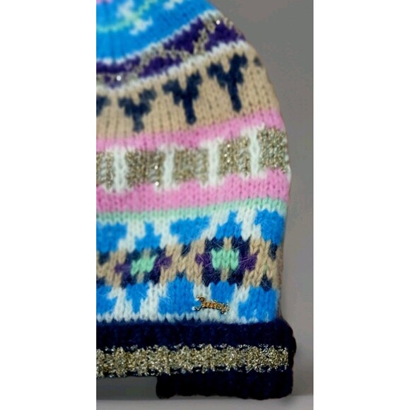 Juicy Couture Beanie Hat NWT Fair Isle Y2K Mohair Angora Blend Logo Charm OS - Picture 2 of 8